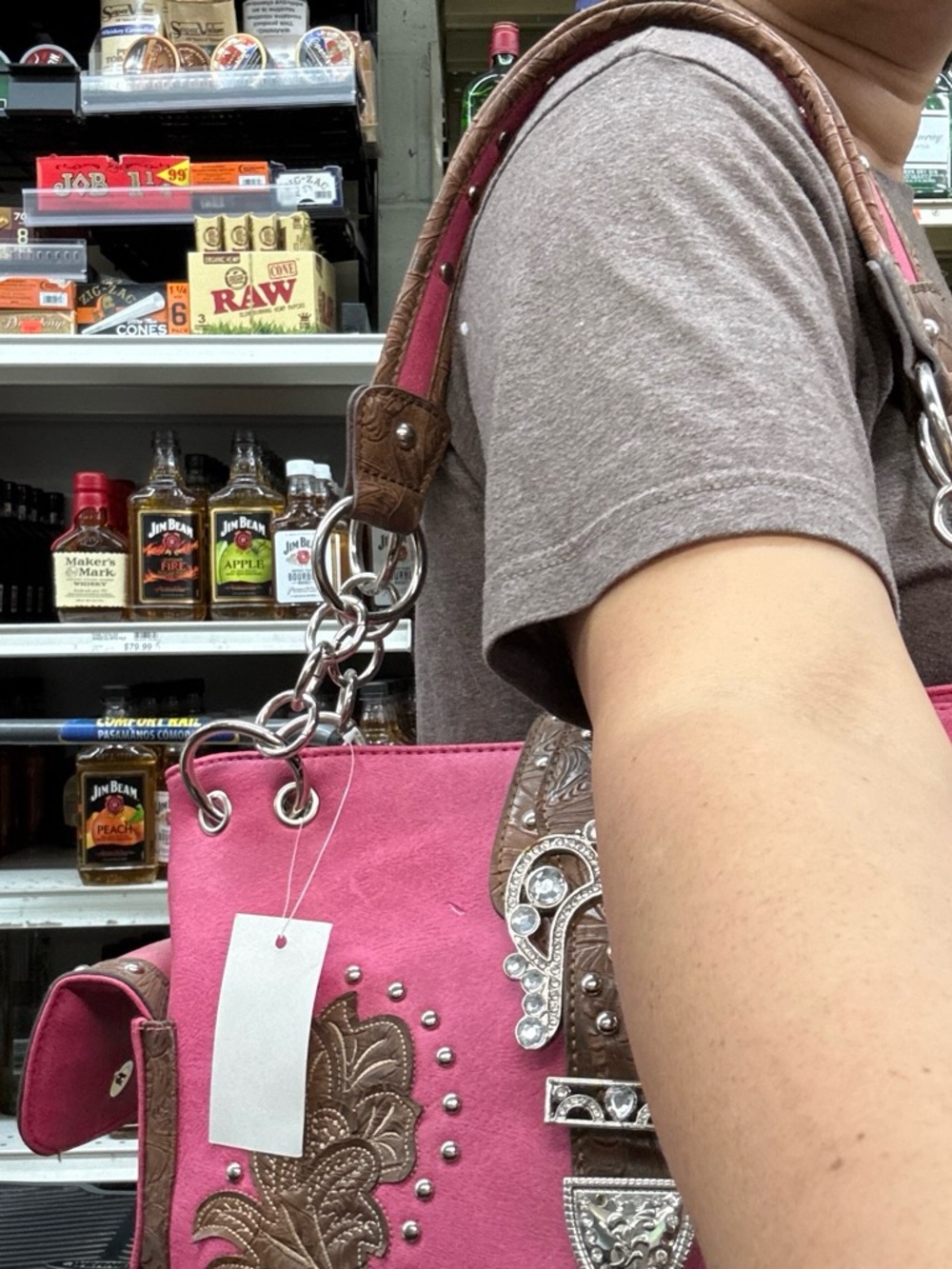 Western-Inspired Pink Shoulder Bag with Brown Embossed Trim